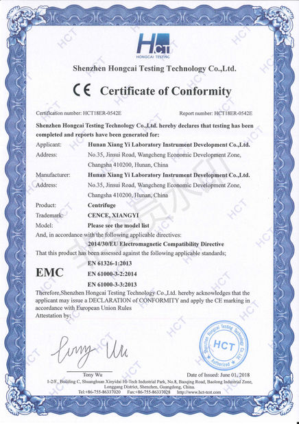 CHINE Hunan Xiangyi Laboratory Instrument Development Co., Ltd. Certifications